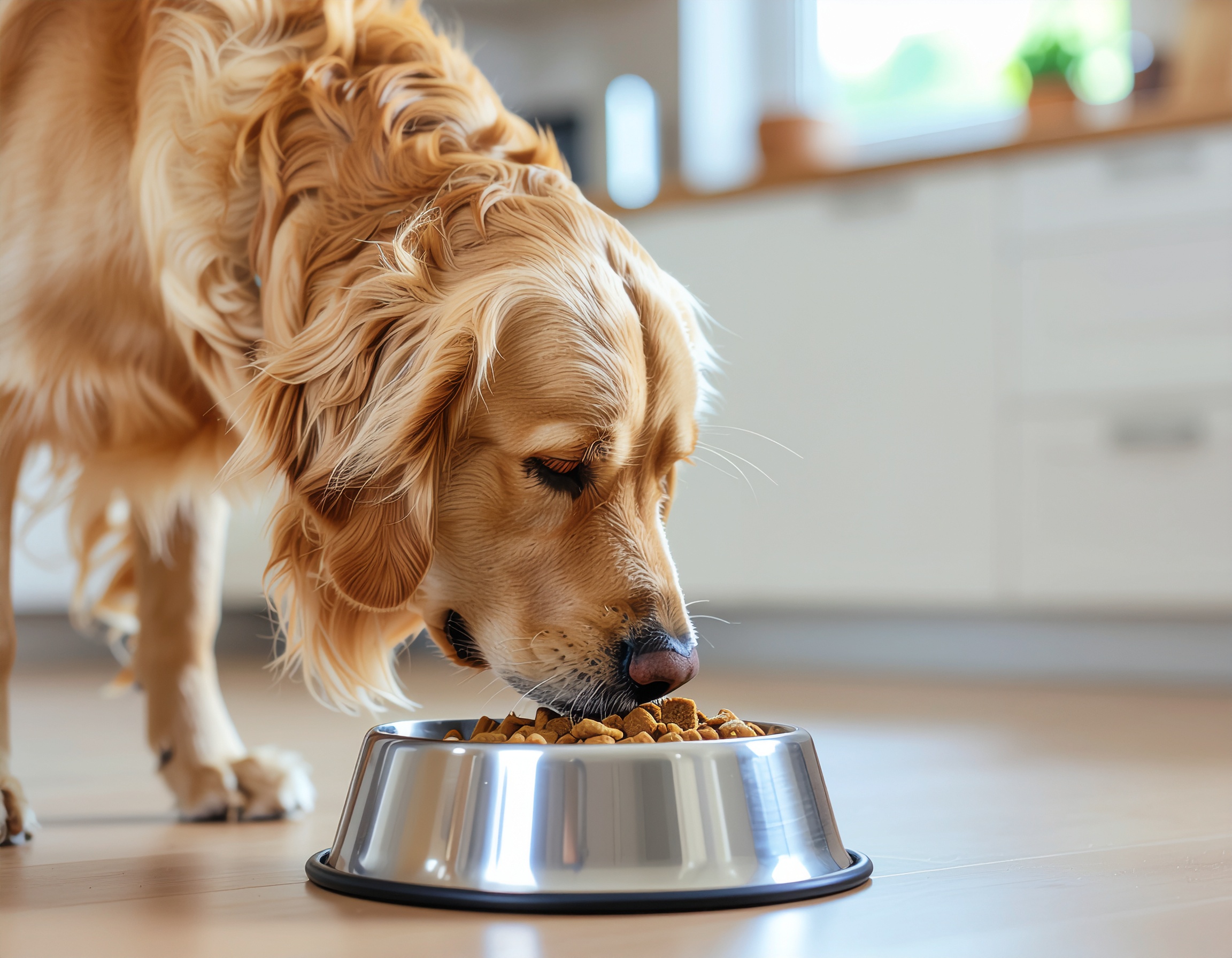 Golden retriever comendo ração de uma tigela metálica em uma cozinha iluminada, transmitindo conforto e satisfação em ambiente doméstico acolhedor.